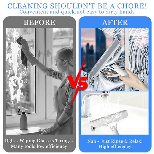 3 in 1 Window Cleaning Scraper with Spray,Glass Squeegee with Removable Hook-and-Loop Scrubbing Sponge,Mirror Cleaner Tool for Home,Car Windshield,Shower Glass,Easy Scrubbing & Streak-Free Cleaning