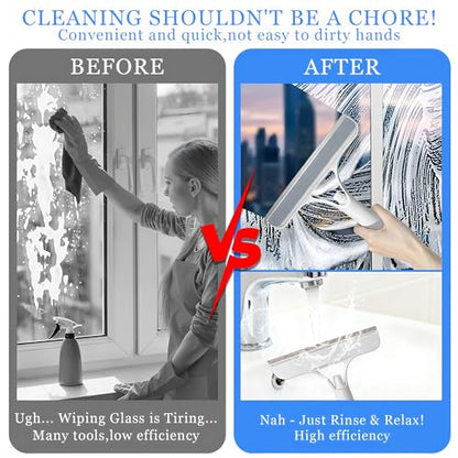 3 in 1 Window Cleaning Scraper with Spray,Glass Squeegee with Removable Hook-and-Loop Scrubbing Sponge,Mirror Cleaner Tool for Home,Car Windshield,Shower Glass,Easy Scrubbing & Streak-Free Cleaning