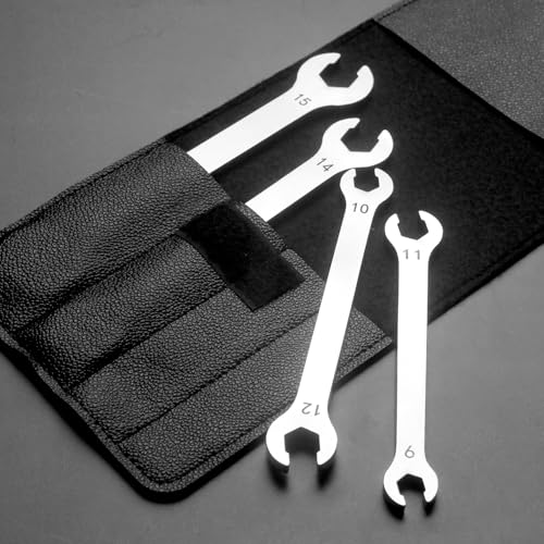 4 Piece Flare Nut Wrench Set with Leather Pouch, Metric Line Wrench Set 9x11mm 10x12mm 13x14mm 15x17mm, Cr-V Steel Brake Line Flare Nut Wrench for Plumbing Tight Confine Spaces