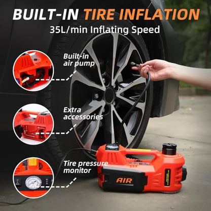 STANDTALL Electric Car Jack 5 Ton 12V Hydraulic Jack, Built-in Inflator | Fits Sedan SUV Truck, Lift Range 5.9-17.7in, 35L/min Air Pump, 150 PSI Gauge, One-Button Lifting, Compact Case - color: Red