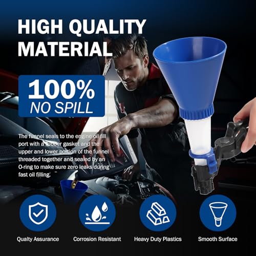 Universal Engine Oil Funnel, Oil Fill Funnel No-Spill Tool Screws Directly INTO Filler Fast Easy Oil Change Compatible with Most Models