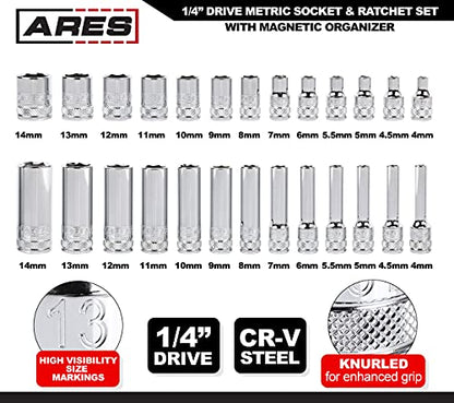 ARES 47003 28-Piece 1/4-inch Drive Metric Socket and 90-Tooth Ratchet Set | Sizes 4mm to 14mm Deep and Shallow Sockets