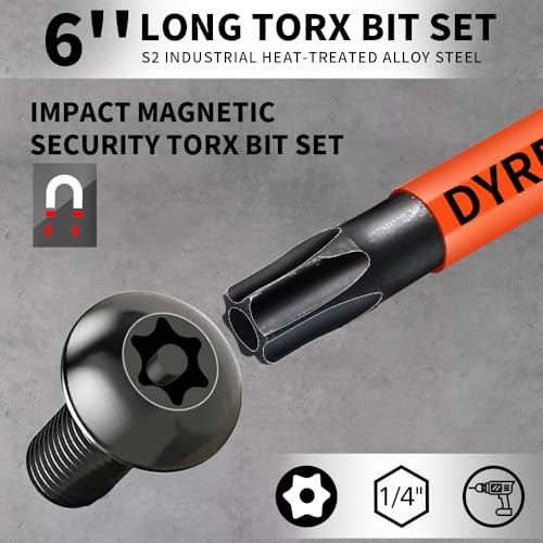 Impact Security Torx Bit Set 6-Inch Long (8-Pack T8-T40), S2 Steel Tamper Proof Star Bits Set, with 1/4'' Hex-Shank, Magnetic and High-Torque, for Automotive, Electronics, DIY - size: 8-Pieces 6 Inch Torx Security Bits