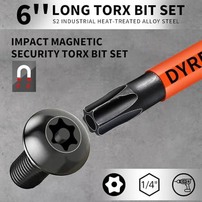 Impact Security Torx Bit Set 6-Inch Long (8-Pack T8-T40), S2 Steel Tamper Proof Star Bits Set, with 1/4'' Hex-Shank, Magnetic and High-Torque, for Automotive, Electronics, DIY - size: 8-Pieces 6 Inch Torx Security Bits
