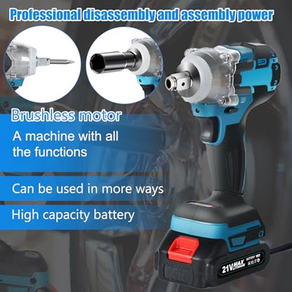 Jadeshay Cordless Impact Wrench, 1/2 inch Electric Impact Wrench with 2 * 3.0 Ah Battery & 4 Sockets, Sleeves, Drill Bits, Twist Drills, High Torque Impact Gun for Car Repairs/DIY Furniture