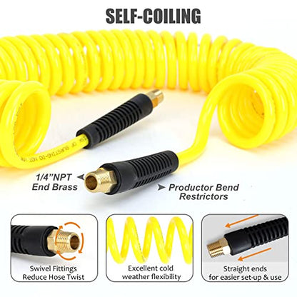 18 Pieces Air Compressor Accessories kit, 1/4 in x 25 ft Recoil Poly Air Compressor Hose Kit, 1/4" NPT Quick Connect Air Fittings, 100 PSI Tire Inflator Gauge, Blow Gun, Couplers and Plugs