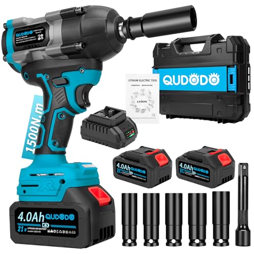 1500N.m Cordless Impact Wrench,1/2 Inch 3 Speed Premium High Torque Impact Gun with 2 x 4.0Ah Battery, LED Work Light, Wireless Power Pistola Llave De Impacto with 5 Sockets for Car Truck Mower