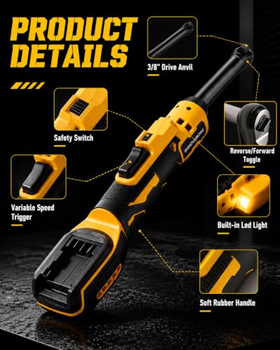 3/8" Extended Cordless Ratchet Wrench Compatible with Dewalt 20V Battery | 74ft-lbs Electric Ratchet with 6.3" Extended Head, Brushless Motor, LED Light, 8 Sockets Set, Adapters, 3 Inch Extension Bar - size: 6.3" Extended Head