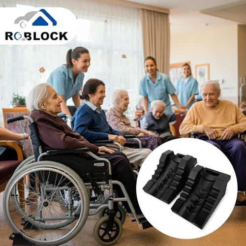 ROBLOCK 2 Pack Rubber Wheelchair Chock Stopper with Handle for Wheelchair Stability Hospital Garden Dinner Room- Black - color: Black