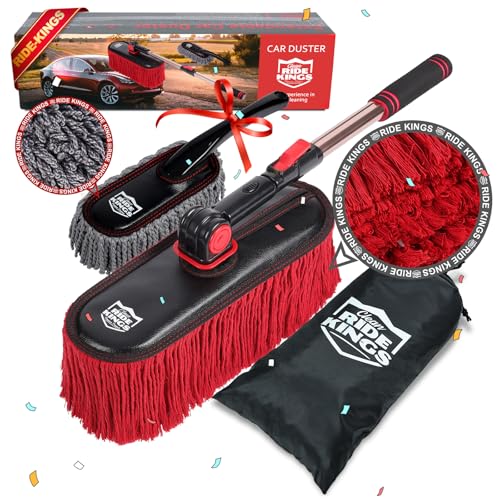 Car Duster Exterior, Wax Cotton, 3 Pcs, Red | Extendable handle auto wash brush mop. Scratch-free interior detailing kit for truck, RV & boat. - color: Red