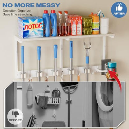 Broom Holder Wall Mount with Cleaning Supplies Organizer, Laundry Room Organization and Storage Shelf with Mop Hanger Rack Gripper Hooks, Utility Shelf Closet Organizer Floating Shelves for Garage - size: Large