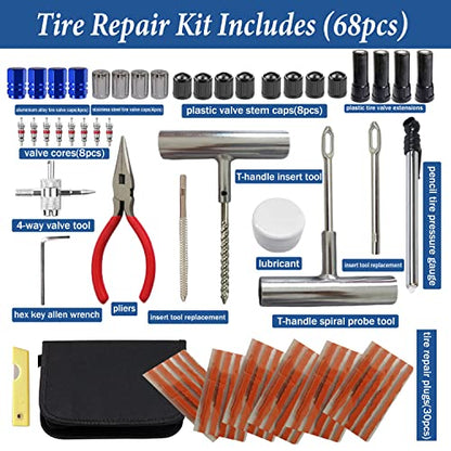 Tire Repair Kit, 68pcs Heavy Duty Tire Plug Kit, Universal Tire Repair Tools Flat Tire Puncture Repair for Car, Motorcycle, Truck, SUV, RV, ATV, Tractor, Trailer Fix Punctures and Plug Flats Patch Kit - size: 68pcs