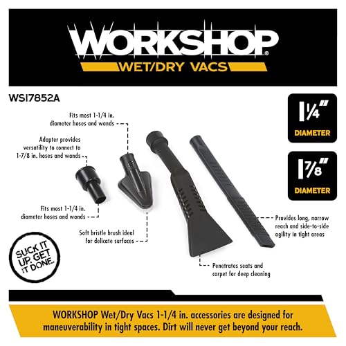 WORKSHOP Wet/Dry Vacs WS17852A 1-7/8-in. Car Cleaning Vacuum Attachment Kit | Revamp Your Car Cleaning Routine, For WORKSHOP Shop Vacuum Cleaners, Fits 1-7/8-inch Extension Wands and Hoses