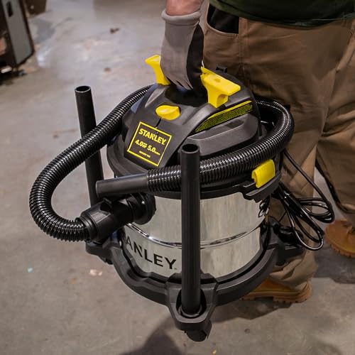 STANLEY Wet/Dry Vacuum SL18115, Stainless Steel Tank, 5 Gallon 4HP Shop Vacuum, Portable Style Ideal for Home/Shop/Jobsite Dust Collection Job with Vacuum Attachments, Silver+Yellow - size: 5 Gallon, 4.0 HP, 50" Sealed Pressure