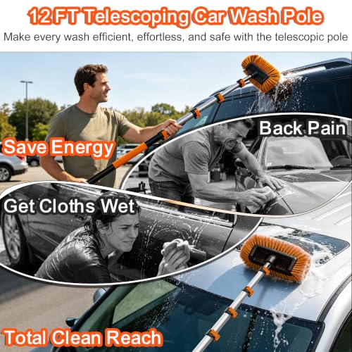 18FT Reach Car Wash Brush with Long Handle, Car Washing Kit with 4-12FT Telescoping Extension Pole, Wheel Brush, Microfiber Cleaning Mop, Mitt, Window Squeegee for Cleaning RV, Truck, SUV