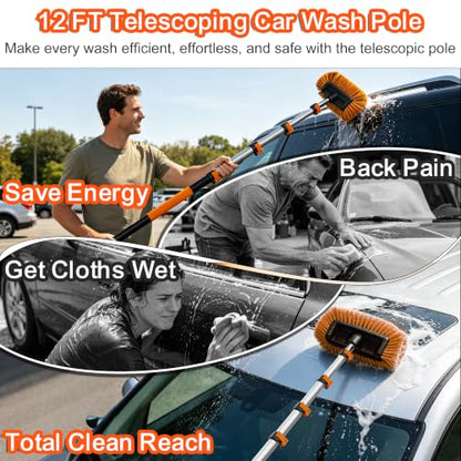 18FT Reach Car Wash Brush with Long Handle, Car Washing Kit with 4-12FT Telescoping Extension Pole, Wheel Brush, Microfiber Cleaning Mop, Mitt, Window Squeegee for Cleaning RV, Truck, SUV
