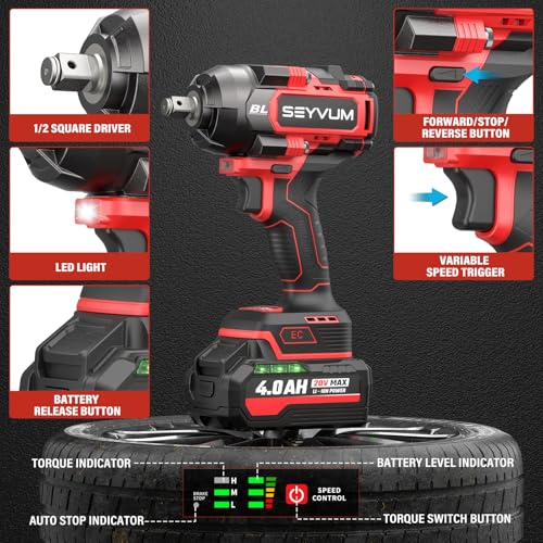 SEYVUM Cordless Impact Wrench, 1/2” Max Torque 900 Ft-lbs / 1200 N.m Powerful Impact Gun, 20V 3500RPM Electric Impact Driver, 2 x 4.0Ah Battery & Fast Charger, 6 Impact Sockets, Carrying Case Included - style: 1200 N.m