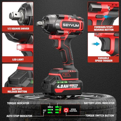 SEYVUM Cordless Impact Wrench, 1/2” Max Torque 900 Ft-lbs / 1200 N.m Powerful Impact Gun, 20V 3500RPM Electric Impact Driver, 2 x 4.0Ah Battery & Fast Charger, 6 Impact Sockets, Carrying Case Included - style: 1200 N.m