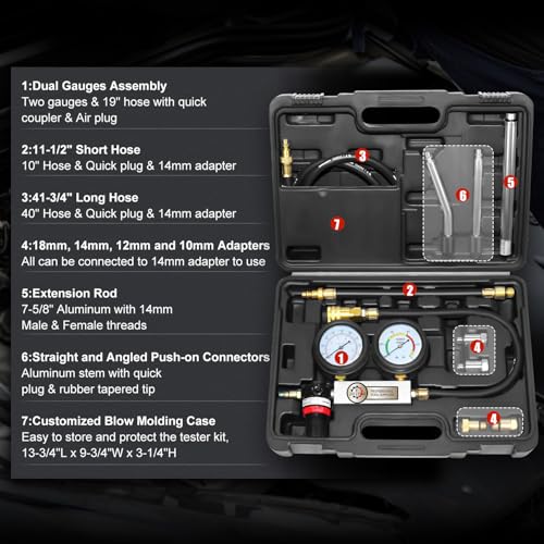 JIFETOR Cylinder Leak Down Tester Kit, Automotive Engine Compression Dual Gauge Leakdown Test Set with 10 12 14 18mm Spark Plugs Universal for Small Engine Motorcycle ATV, Black Case - color: Black Case