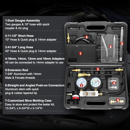 JIFETOR Cylinder Leak Down Tester Kit, Automotive Engine Compression Dual Gauge Leakdown Test Set with 10 12 14 18mm Spark Plugs Universal for Small Engine Motorcycle ATV, Black Case - color: Black Case