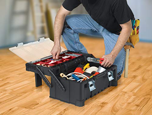 KETER 22 Inch Cantilever Plastic Portable Tool Box Organizer with Metal Latches for Small Parts, Hardware and Tool Storage and Organization