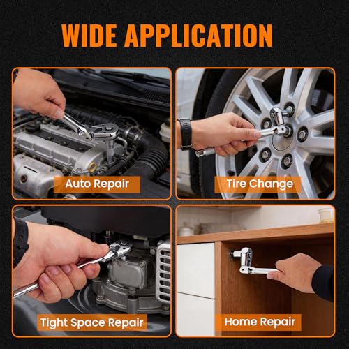 Flex Head 3/8" Drive Ratchet Wrench, 90T Long Reach Ratchet, Quick-Release Reversible with Cr-Mo Head and 6" Extension Bar for Tight Spaces & Automotive Repair - size: 3/8"