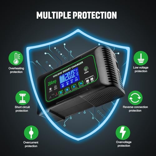 20 Amp Smart Battery Charger, 12V/20A and 24V/10A Car Battery Charger, Trickle & Maintainer Pulse Repair for Lithium, Lifepo4, Lead-Acid (AGM/Gel/SLA), Boat, Motorcycle, Golf Cart, Tractors - color: 20A-green