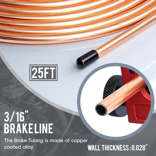 25FT 3/16'' The Latest Copper Coated Brake Line Kit with 16 Fittings and 4 Unions Brake Line Fittings+Tube Bender+Double & Single Flaring Tool Kit for Most Hydraulic Braking Systems - size: 3/16" Brake Lines