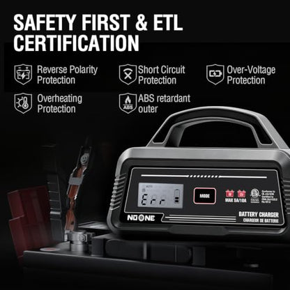 NOONE 5A/10A Smart Battery Charger - 6V/12V Fully Automatic Maintainer | with Winter Mode, Auto Repair and Overheat Protection - Car Trickle Charger for AGM, Gel, Deep Cycle & LiFePO4 Batteries