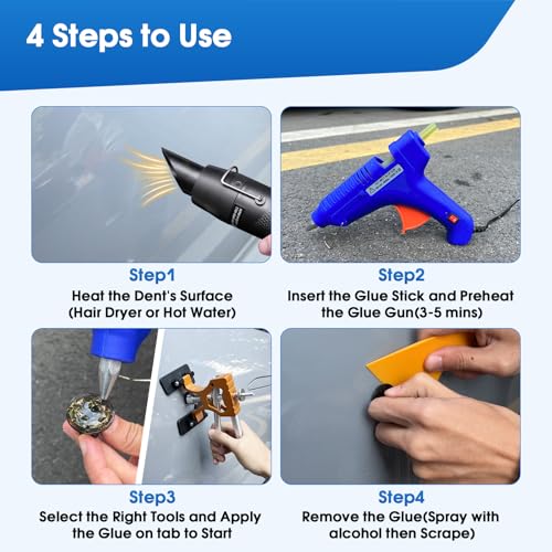 Car Dent Puller, Effortless Dent Removal Tool Kit with Strong Adhesive Glue Sticks & 100W Hot Glue Gun, Trim Removal & Air Wedge, Paintless Dent Repair for Auto Door Dings, Hail or Hood
