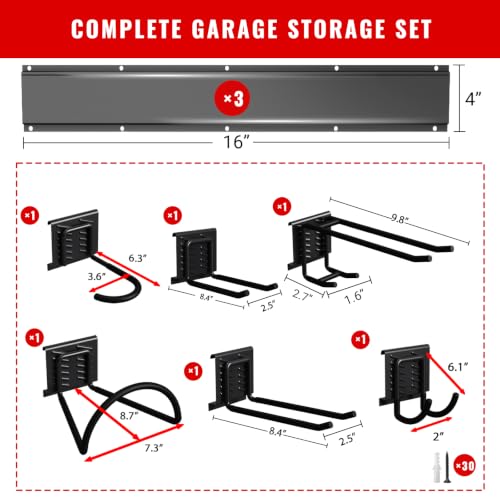 Garage Tool Organizer Wall Mount, Easy to 48inch Install Heavy-Duty Garage Storage System with 6 Adjustable Universal Hooks, Garden Tool Rack for Shovels, Rakes, Yard Tools - size: 48" System - 6 Piece Versatile Set