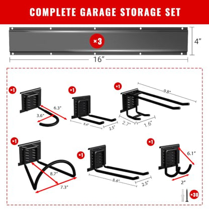 Garage Tool Organizer Wall Mount, Easy to 48inch Install Heavy-Duty Garage Storage System with 6 Adjustable Universal Hooks, Garden Tool Rack for Shovels, Rakes, Yard Tools - size: 48" System - 6 Piece Versatile Set