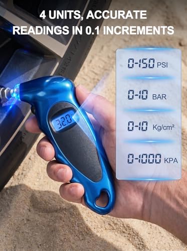 Digital Tire Pressure Gauge 150 PSI, Accurate in 0.1 Increments,1 Pack Tire Pressure Gauge with Backlight LCD, 4 Units (PSI/Bar/Kgf/cm²/KPA) Applicable to Car Truck Bicycle, Blue - color: Blue