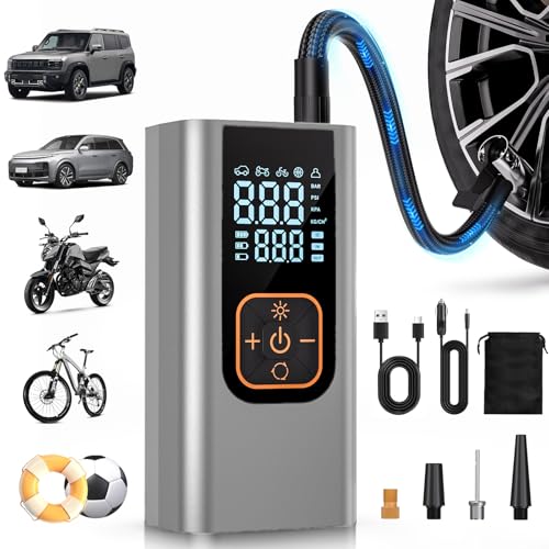 180PSI Tire Inflator Portable Air Compressor, 6X Faster Air Pump for Car Tires with Digital Pressure Gauge, 12V DC Adapter, LED Light, Portable Tire Inflator for Car, Motorcycle, Bike,Silver - color: Silver