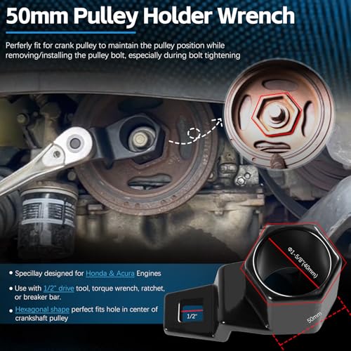 For Honda Crank Pulley Tool 19mm Harmonic Balancer Socket & 50mm Crankshaft Crank Pulley Wrench Holder Removal Holding Spanner Kit For Acura and Honda Engines, Deep Counter-Weighted Socket Tools