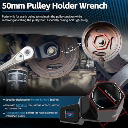 For Honda Crank Pulley Tool 19mm Harmonic Balancer Socket & 50mm Crankshaft Crank Pulley Wrench Holder Removal Holding Spanner Kit For Acura and Honda Engines, Deep Counter-Weighted Socket Tools