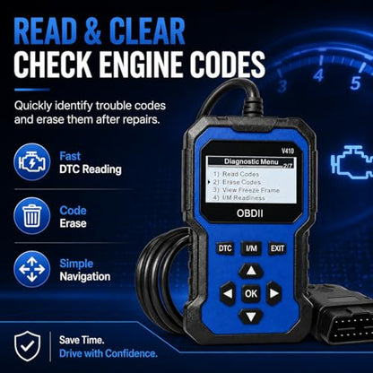 V410 OBD2 Scanner Diagnostic Tool, Check Engine Code Reader for OBDII Cars Since 1996, Live Data, I/M Readiness, Battery Voltage Test, Vehicle Info for Cars & Trucks, Blue
