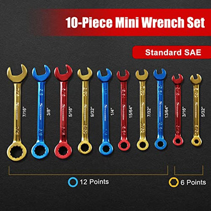 SPEEDWOX 10 Pcs Color Plated Open and Box End Mini Wrenches Color Coated Midget Wrench Set Mini Combination Wrench Set SAE with Portable Pouch and Large Ring（5/32-7/16"） - style: SAE