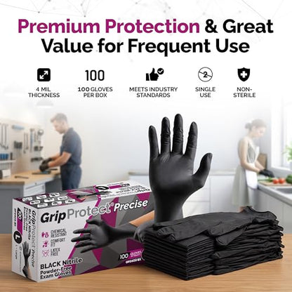 GripProtect Precise Black Nitrile Gloves 4 Mil – Chemical Resistant Nitrile Gloves with Textured Grip for Mechanics, Tattoos, Food Prep & Cleaning - Medical Grade Disposable Gloves, Large, 100 - size: Large (100 Count)