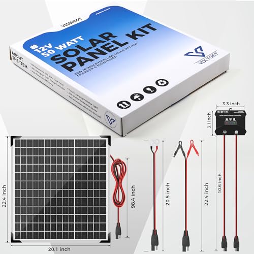 Voltset 50W Solar Panel Kit - 12V Solar Battery Charger Maintainer - IP67 Waterproof Solar Trickle Charger with 10A Smart Charge Controller and Mount Bracket for Boat RV Car Motorcycle Marine Trailer - size: 50W