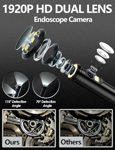 Dual-Lens Endoscope Camera with Light, 1920P HD Borescope with 8 Adjustable LEDs, 16.4FT Semi-Rigid Snake Cord, IP68 Waterproof Inspection Tool for iOS, Android, Automotive, Plumbing, HVAC (7.9mm)