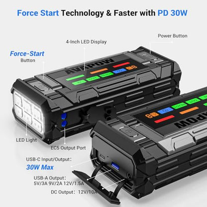 AVAPOW 8000A Battery Jumper Starter Portable with 4″ HD Display PD 30W Dual-Way Fast Charging, 12V Car Starter Jump Box & Battery Booster for All Gas & Up to All Diesel Engines - size: 8000A