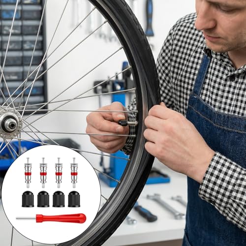 Tire Valve Stem Removal Tool Kit, 4 PCS Valve Cores, 4 PCS Tire Valves Caps, 1 Pack Single Head Valves Core Remover Installer Tool, Car Accessories Tires Repair Tools Universal for All Cars