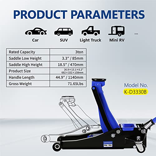 3T Low Profile Steel Floor Jack, 6600 lb, Dual Pump, 3.3"-18.5" Lift, Blue | Heavy-duty steel, dual-piston quick lift, low profile, 3.3"-18.5" range, overload safety protection. - size: 3T Dual Pump 3.3"-18.5"