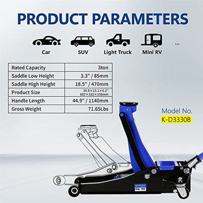 3T Low Profile Steel Floor Jack, 6600 lb, Dual Pump, 3.3"-18.5" Lift, Blue | Heavy-duty steel, dual-piston quick lift, low profile, 3.3"-18.5" range, overload safety protection. - size: 3T Dual Pump 3.3"-18.5"
