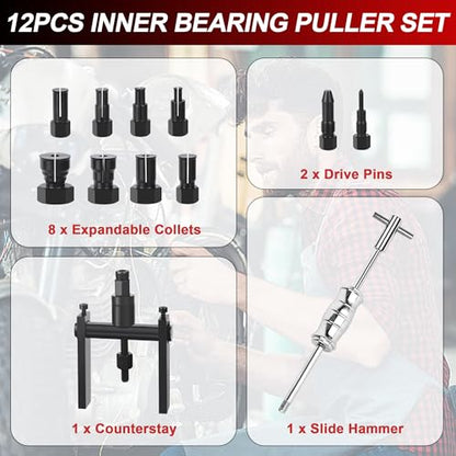 12pcs Motorcycle Blind Hole Bearing Puller Kit, Motorcycle Slide Hammer Puller Set, Pilot Insert Inner Bearing Remover Tool with 8-32mm Collets - size: 12pcs with Slide Hammer