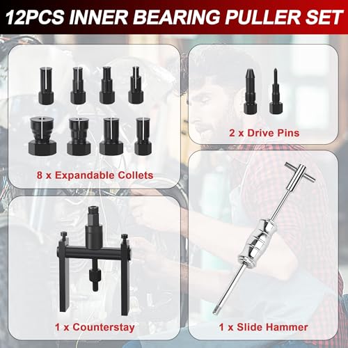 12pcs Motorcycle Blind Hole Bearing Puller Kit, Motorcycle Slide Hammer Puller Set, Pilot Insert Inner Bearing Remover Tool with 8-32mm Collets - size: 12pcs with Slide Hammer