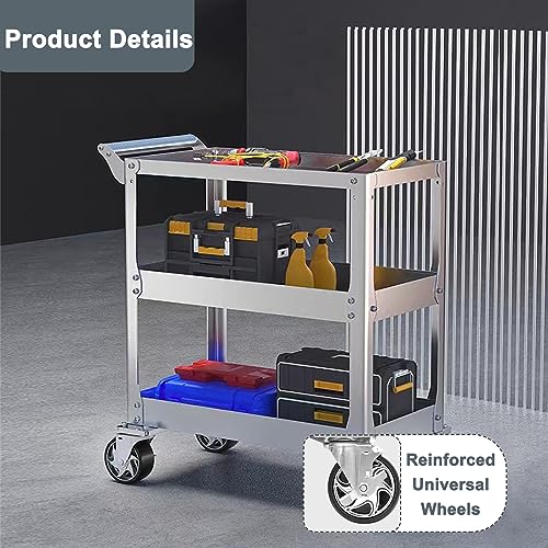 3-Tier 14 Gauge Stainless Steel Utility Cart, 1100 lbs Heavy Duty Service Cart with Wheels, Rolling Tool Cart on Wheels for Mechanic, Garage, Workshop, Warehouse, 15.75" D x 30.7" W x 36.2" H