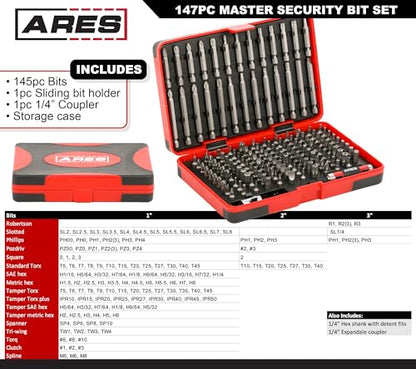 ARES 31018-147-Piece Master Security Bit Set – Phillips, Robertson, Tamper Hex and Torx Bits, Specialty Bits, and More – Bit Set Includes Bit Holder and Coupler for Maximum Versatility - size: 147-Piece Master Security Bit Set