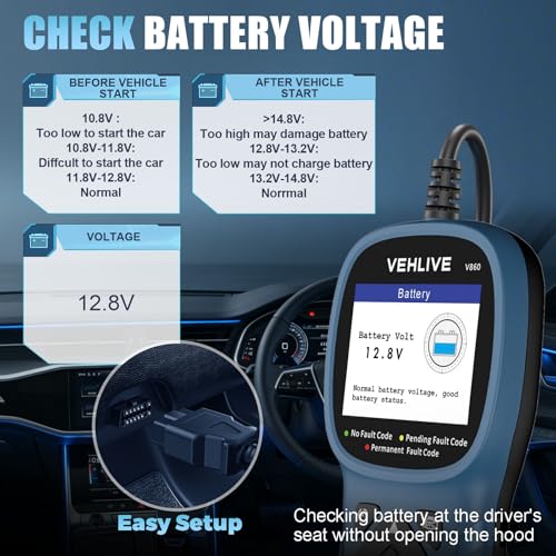 V860 Scanner for Car and Trucks,OBD2 Diagnostic Tools and Code Reader for Engine Check,Battery Test, O2 Sensor and EVAP Leak for Annual Check Readiness,Printable Export,Vehicle After 1996